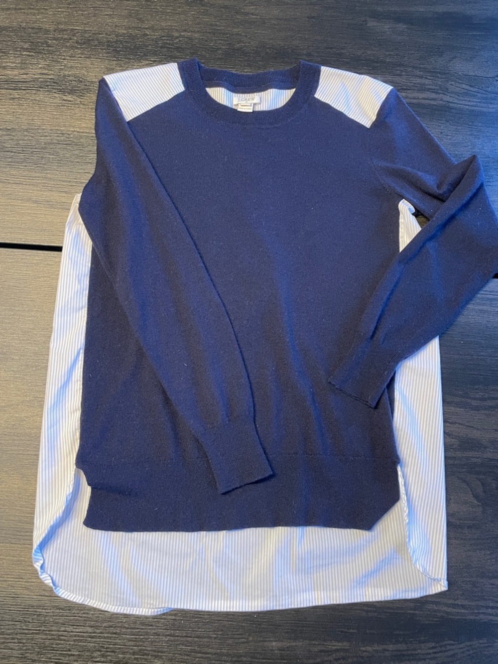 J. Crew Navy Crewneck Sweater with Blue-Striped Shirt Detail Small/Petite